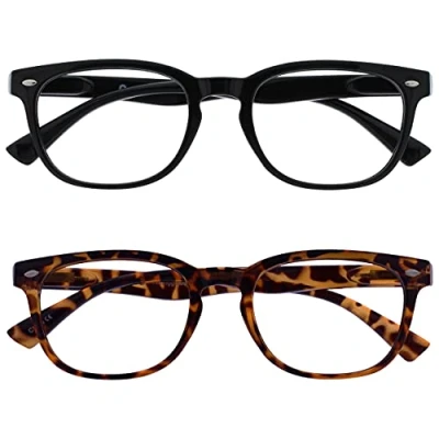 Image of OPULIZE ORA Reading Glasses for Men Women 2 Pack Designer Style Rounded Frame Scratch Resistant Lens Spring Hinges Black, Brown Tortoiseshell +3.00