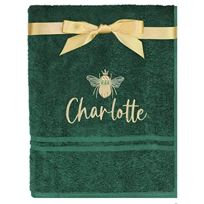 Image of TeddyT&#039;s Personalised Gold Bee Embroidered Towel (Bath Towel, Bottle Green)