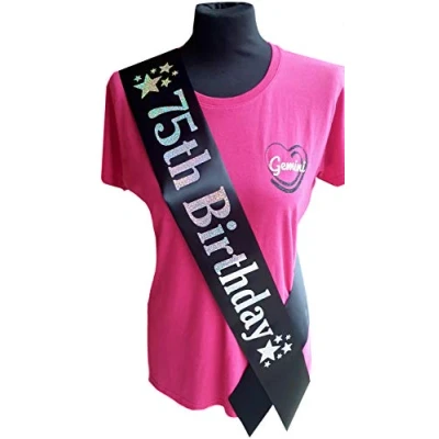 Image of Gemini Ribbons 75th Birthday Star Sash 75 Mens Womens Unisex Party Gift Decorations Black Silver Holographic