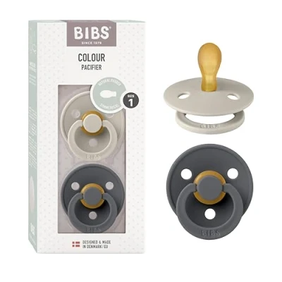 Image of BIBS Colour Symmetrical Soother 2 Pack, BPA Free Dummy Pacifier, Nipple. Natural Rubber Latex, Made in Denmark. 0 6 Months (Pack of 2), Sand / Iron