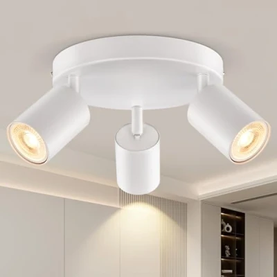 Image of 3 Way Spotlight Ceiling Lights Adjustable, Matt White Round Spot GU10 Industrial Spotlights Fitting Rotatable, LED Light, Indoor for Hallway, Bulb Not Included