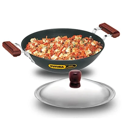 Image of HAWKINS FUTURA IL26 Induction Compatible Hard Anodized Flat Bottom Deep Fry Pan/Kadhai with Stainless Steel Lid, 3.75 Liter