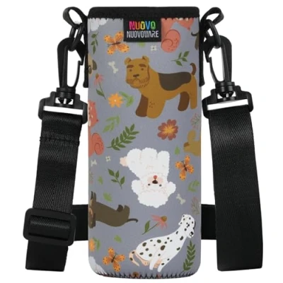 Image of Nuovoware Water Bottle Carrier Bag, Premium Neoprene Portable Insulated Sling Holder Bag 750ML with Adjustable Shoulder Strap for Hiking, Case, Gray Puppy