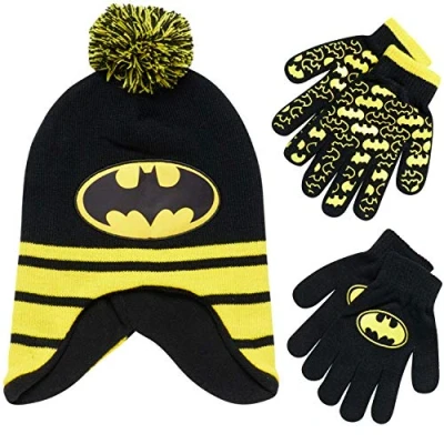 Image of DC Comics Boys Batman Winter Hat and 2 Pack Mittens Set (Age 4) (BATMAN BLACK/YELLOW, Age 4 7)