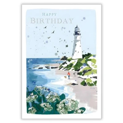 Image of Male Birthday Card for Him General Men Coastal Dog Walk Artistic Lighthouse Scene Special Finishes Made in the UK Eco Friendly