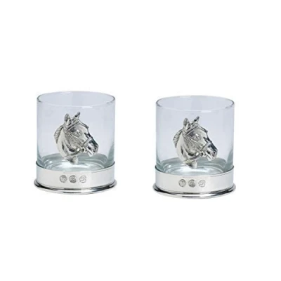 Image of Lead Free pewterware Mounted 12oz Whisky Glass with a Horse&#039;s Head Emblem in Presentation Box of 1 or 2 Glasses (2)