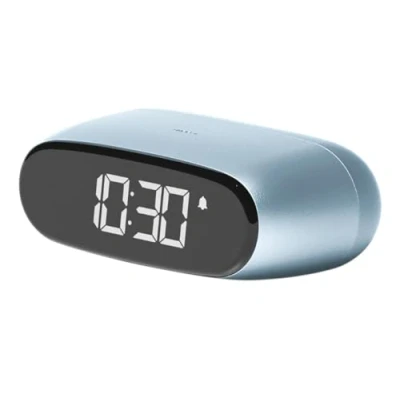 Image of Lexon MINUT Mini Compact Alarm Clock with VA LCD Screen Pure Black, Touch Control, Snooze Function and Backlight, Rechargeable Battery, Aluminium Finish Light Blue