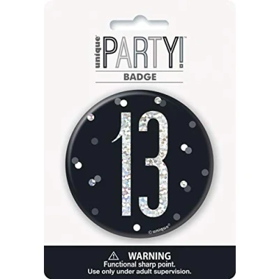 Image of Unique 83504 Black Round Prismatic 13th Birthday Badge 1 Pc, Age 13