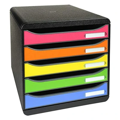 Image of Exacompta Ref 309798D BIG BOX PLUS Desktop Drawer Set 5 x 43mm Drawers, Suitable for A4+ Documents, 347 278 271mm, 100% Recycled Plastic Black/Multi