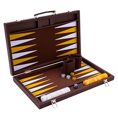 Image of Engelhart 250525 Luxury 18&quot; backgammon set inlaid velvet leatherette exterior pearly dice and token