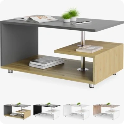 Image of CASARIA® Wood Modern Coffee Table 3 Tiers Shelf Storage Space Height Adjustable 95x55 cm Wooden, Scratch Resistant Side for Living Room Grey &amp; Oak Effect