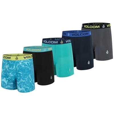 Image of Volcom Mens Boxer Briefs 5 Pack Poly Spandex Performance Underwear, Blue/Black/Blue/Navy/Grey, M