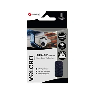 Image of VELCRO® Brand ALFA LOK Fasteners Heavy Duty Snap Lock Technology Self Engaging &amp; Multidirectional Super Strong Hold for Indoor and Outdoor Use Black 7.5 x 2.5cm Set of 4