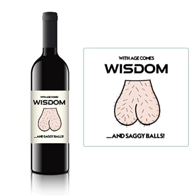 Image of with Age Comes Wisdom and Saggy Balls Wine Label Xmas Gift Idea Present for Him Husband Boyfriend Dad Men Uncle Rude Old Oldi Birthday Christmas Prank Fun Funny April Fools