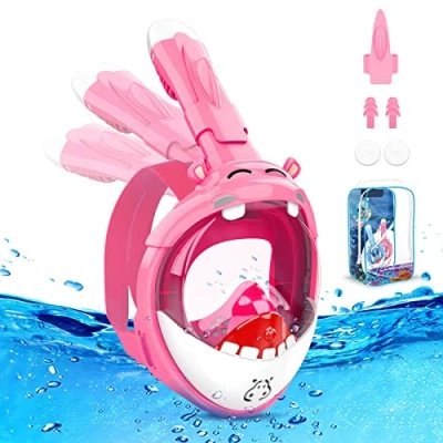Image of Dancial Snorkel Mask for Kids, 180 Panoramic View Full Face Diving Mask, Free Breathing, Anti Fog, Leak, Dry Top, Pink, 4 12 Years