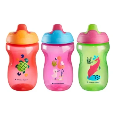 Image of Tommee Tippee Sippee Cup, Water Bottle for Toddlers, 9 Months+, 10oz, Spill Proof, Bite Resistant Spout, BPA Free, Pack of 3, Red, Purple and Green