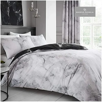 Image of GC GAVENO CAVAILIA Printed Duvet Cover King Size, Marble Bedding Sets, Reversible Polycotton Bed Covers, Black/Grey