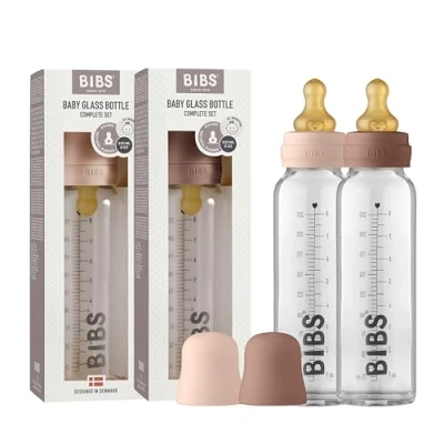 Image of BIBS Baby Glass Bottle 2 Pack 225ml. Anti Colic. Vented Round Natural Rubber Latex Nipple. Supports Breastfeeding, Complete Set 225 ml (Pack of 2), Blush/Woodchuck