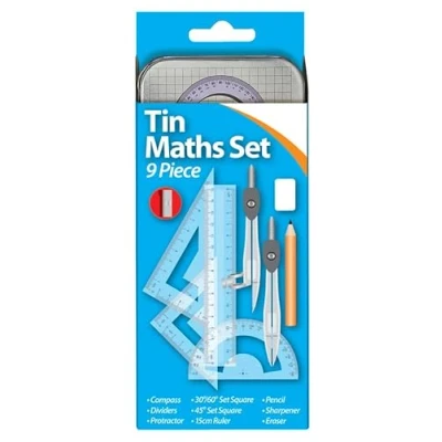 Image of 9 Piece Geometry Maths Set with Storage Tin, Metal Compass, Dividers, Squares, Protractor, 15cm Ruler