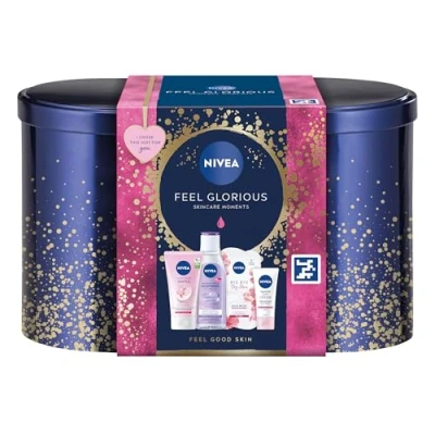 Image of NIVEA Feel Glorious Gift Set (5 Products), Women&#039;s with Beauty Products, Includes Micellar Water, Face Mask, Day Cream, Cream Wash, Stylish Oval Tin