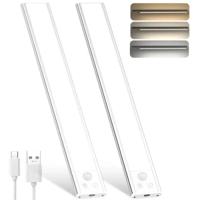 Image of OUILA Under Cabinet Kitchen Lights, 3 Color Dimmable 52 LED Motion Sensor Lights Indoor, 1800mAh USB C Rechargeable for Cupboard, (3 Temperature, 31cm 2Pack)