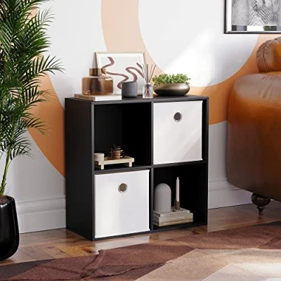 Image of Vida Designs Durham Cube Bookcase Storage Organiser Living Room Bookshelf Home Office Furniture (4 &amp; 2 White Baskets, Black)