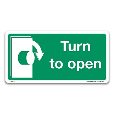 Image of Turn To Open Clockwise Sign, Self adhesive Vinyl Sticker 200x100mm, British Standard Fire Safety Door Signs