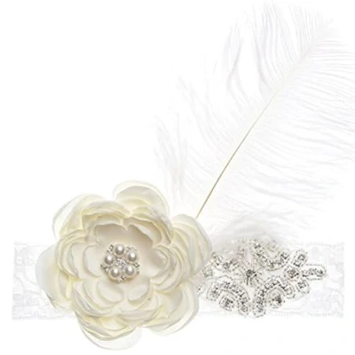 Image of Nishine Baby Girls Rhinestone Flower Lace Headband Elastic Infant Headbands Newborn Hair Bands (Ivory)