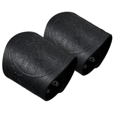 Image of HiiFeuer 2 piece Viking Embossed Faux Leather Cuff Bracelet, Norse Retro Wristband, Nordic Mjolnir Vegvisir Pattern Bangle Bracelet.(Vegvisir Black)