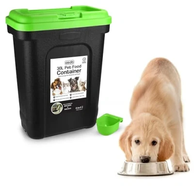 Image of ASAB Pet Food Storage Container Large 30L/15kg Plastic With Integrated Scoop and Flip Top Locking System Perfect for Dog Treats Kitten (Green, Large)