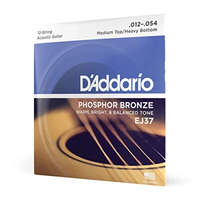 Image of D&#039;Addario Guitar Strings Phosphor Bronze Acoustic EJ37 Superb, Long Lasting Tone, Comfortable Playability For 12 String Guitars, 2 54 Medium Top/Heavy Bottom