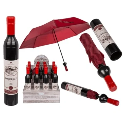 Image of LND Gifts Wine Bottle Umbrella, Ladies For Mum Mens Folding Strong And Compact With 3 Designs To Collect, One Supplied (Red Umbrella)