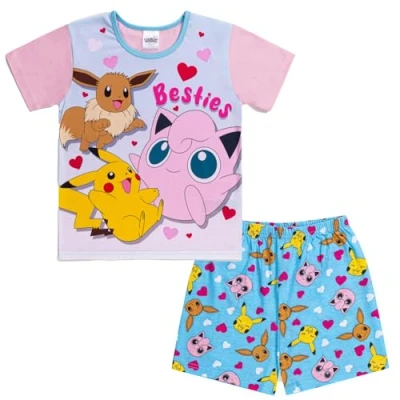 Image of Pokémon Girls Pyjamas Pikachu &amp; Eevie PJs Soft Cotton Nightwear for Pokemon Gift 8 9 years Pink