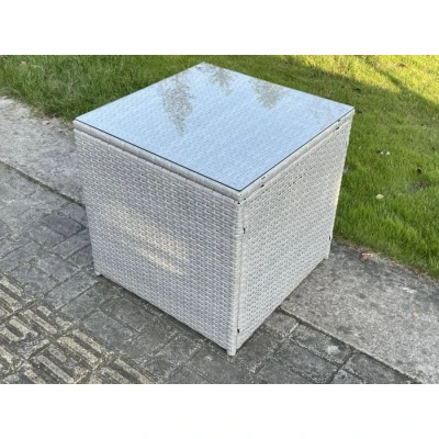 Image of Fimous Light Grey Rattan Cube Side Table Tea Coffee Outdoor Garden Furniture Accessory With Clear Tempered Glass