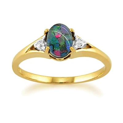Image of Classic Oval Triplet Opal &amp; Diamond Ring in 9ct Yellow Gold