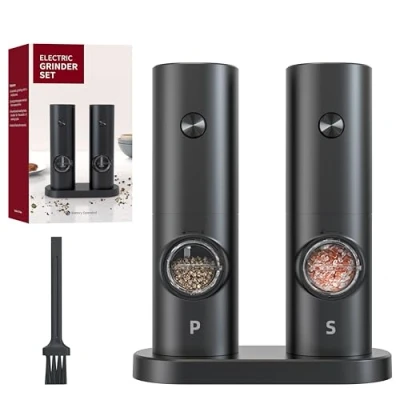 Image of PotentForce Electric Salt and Pepper Grinder Set with Stand Battery Operated Adjustable Coarseness Mills, Dual Mill for Kitchen (Batteries Not Included)