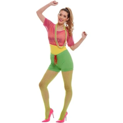 Image of Smiffys Let&#039;s Get Physical Girl Costume with Leotard Bodysuit Shorts and Headband, S UK Size 08 10, Multi colour