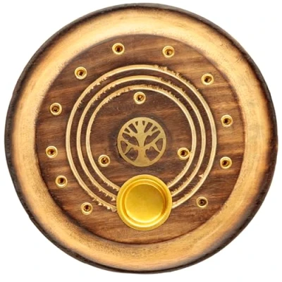 Image of Puckator Mango Wood Round Tree of Life Ashcatcher Incense Burner Zen Spiritual Modern Gothic Home Room Decor Decorations Meditation Accessories Stick Sticks Cone Holder Burners
