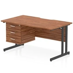 Image of Impulse 1400 x 800mm Scalloped Edge Straight Office Desk Walnut Top Black Cantilever Leg Workstation 1 3 Drawer Fixed Pedestal