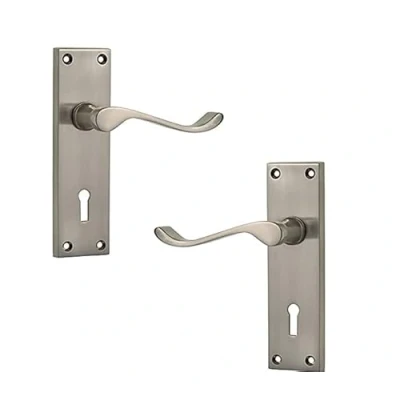 Image of Ironmongery Solutions® Internal Victorian Scroll Lever Lock Door Handle Set in Polished Brass, Chrome, Satin Nickel Finishes (Lock, Nickel)