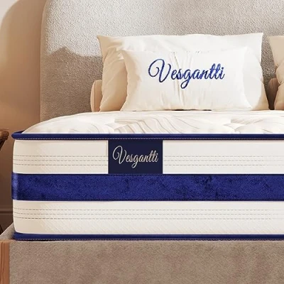 Image of Vesgantti 6FT Super King Mattress, 10.2 Inch Blue Velvet Pocket Sprung Mattress with Breathable Memory Foam Top, Medium Firm Hybrid Enhanced Edge Support 180x200
