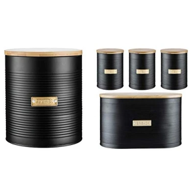 Image of Typhoon Retro Sleek Design Embossed Stripe Stainless Steel Tea Coffee Sugar Cookie Bread Bin Storage Jar Canister Wooden Bamboo Lid Otto Black (Tea, Coffee, Sugar, Bin, Set)