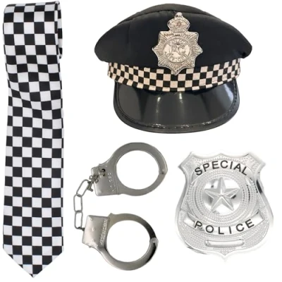Image of Police Fancy Dress Hat Handcuffs Badge and Black White Check Tie