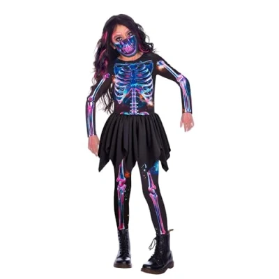 Image of amscan (PKT) (9908573) Child Girls Neon Skeleton Girl Recycled Costume (8 10yr)