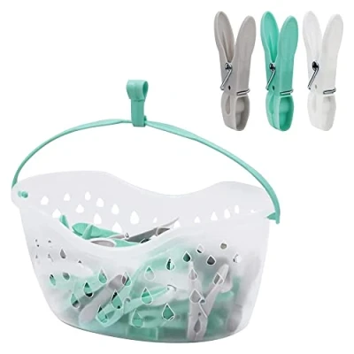 Image of Pegs it 36 Plastic Clothes with Peg Basket Weather Resistant Bucket Drainage Holes Soft Grip Hanging Aqua Blue, Grey &amp; Clear