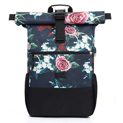 Image of RJEU Laptop Backpack 17.3&quot; Computer Rolltop School Rucksack for Women College Travel Business Work with Anti theft Pocket Flower 26L
