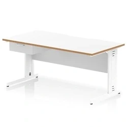 Image of Oslo 1600 x 800mm Edge Office Desk White Top Natural Wood Cable Managed Leg Workstation 1 Drawer Fixed Pedestal