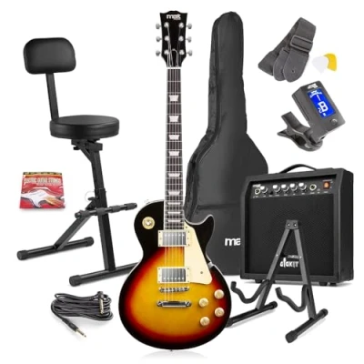 Image of MAX GigKit Beginner Electric Guitar Kit LP Style Sunburst with 40W Amp, Starter Musician Stool, Stand, Complete Bundle Set for New Players