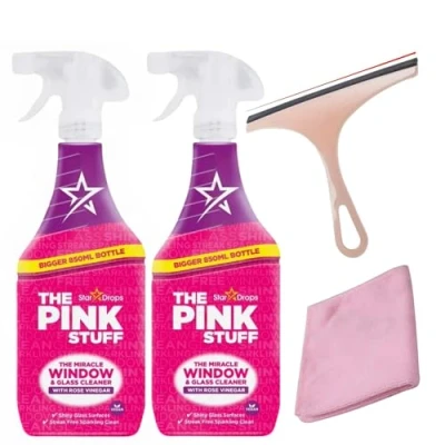 Image of Window and Glass Cleaner Spray bundle with 2 x 850ml Pink Stuff Set Infinite Emblems Microfibre Cloth &amp; Squeegee