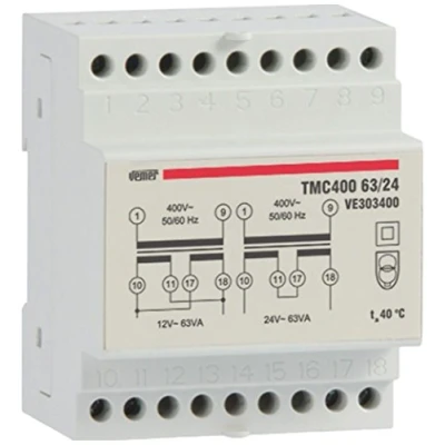 Image of VEMER VE303400 model TMC 400 63/24 DIN rail mounting safety transformer for continuous service 400V/12 24V 63A. Color Grey